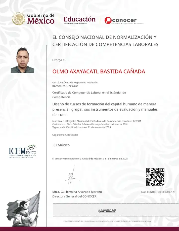 Certificado del estándar de competencia laboral EC0301 del CONOCER de Olmo Axayacatl Bastida Cañada