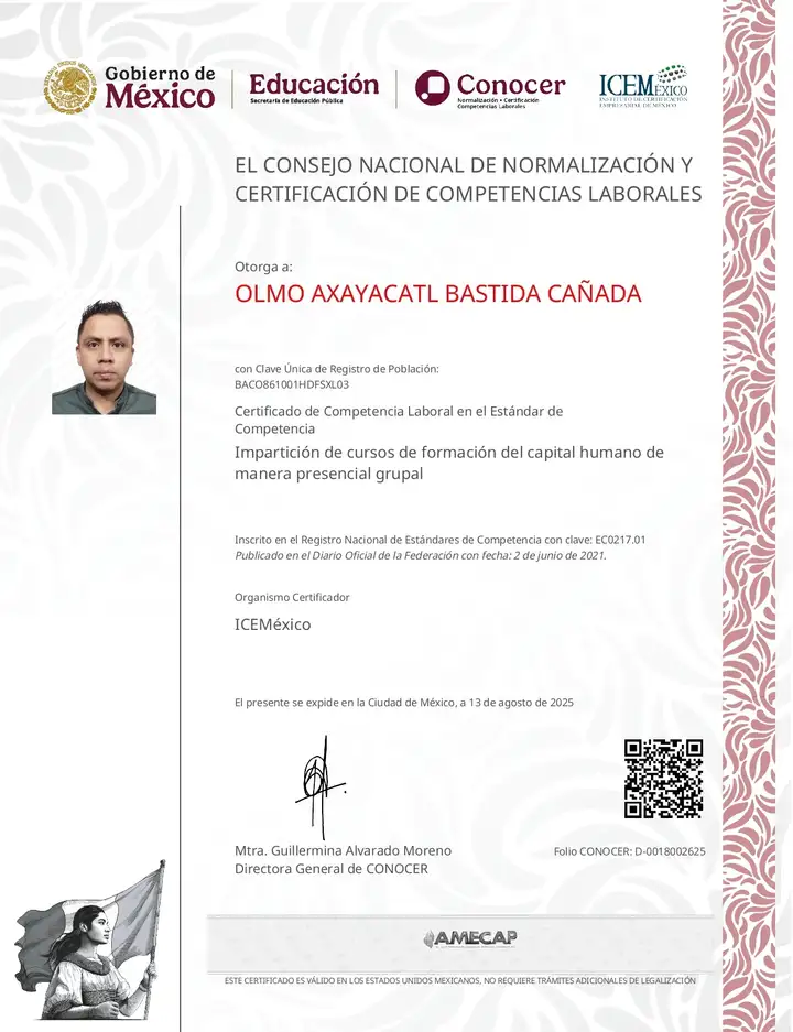 Certificado del estándar de competencia laboral EC0217.01 del CONOCER de Olmo Axayacatl Bastida Cañada