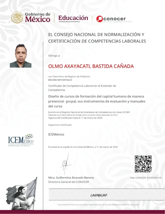 Certificado del estándar de competencia laboral EC0301 del CONOCER