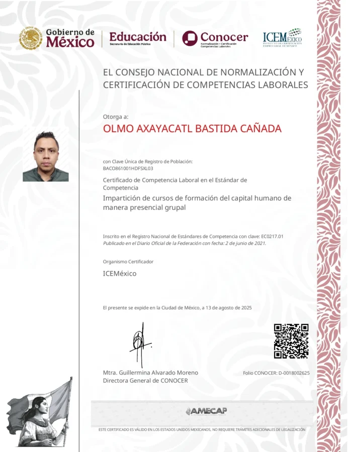 Certificado del estándar de competencia laboral EC0217.01 del CONOCER